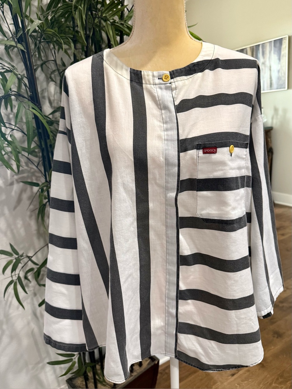 Plus Size 45 Sasson Jeans Black and White Striped Button-Down Top